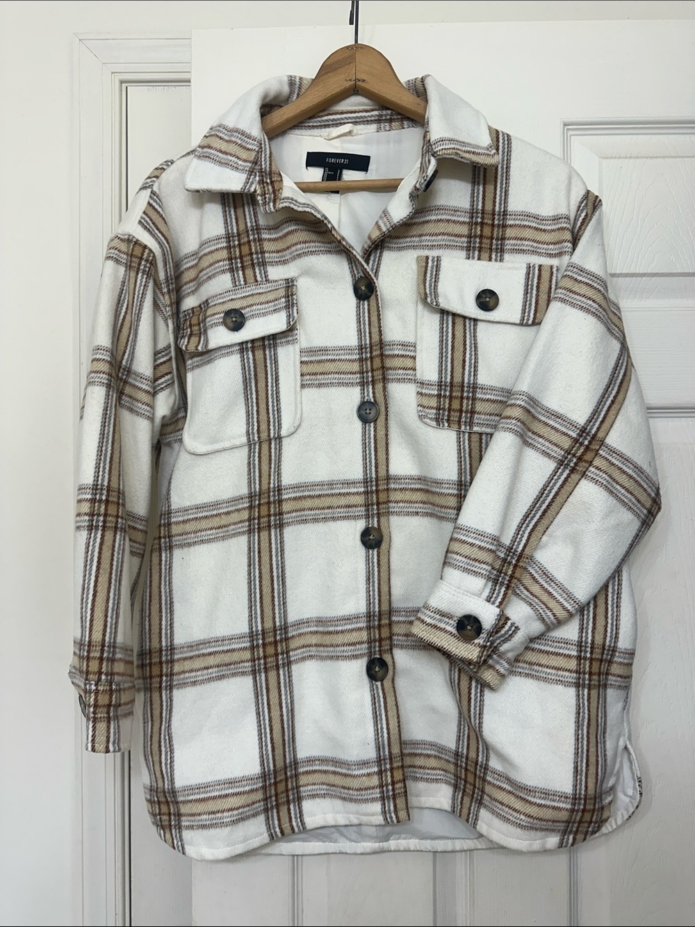 White and Brown Plaid Utility Shacket